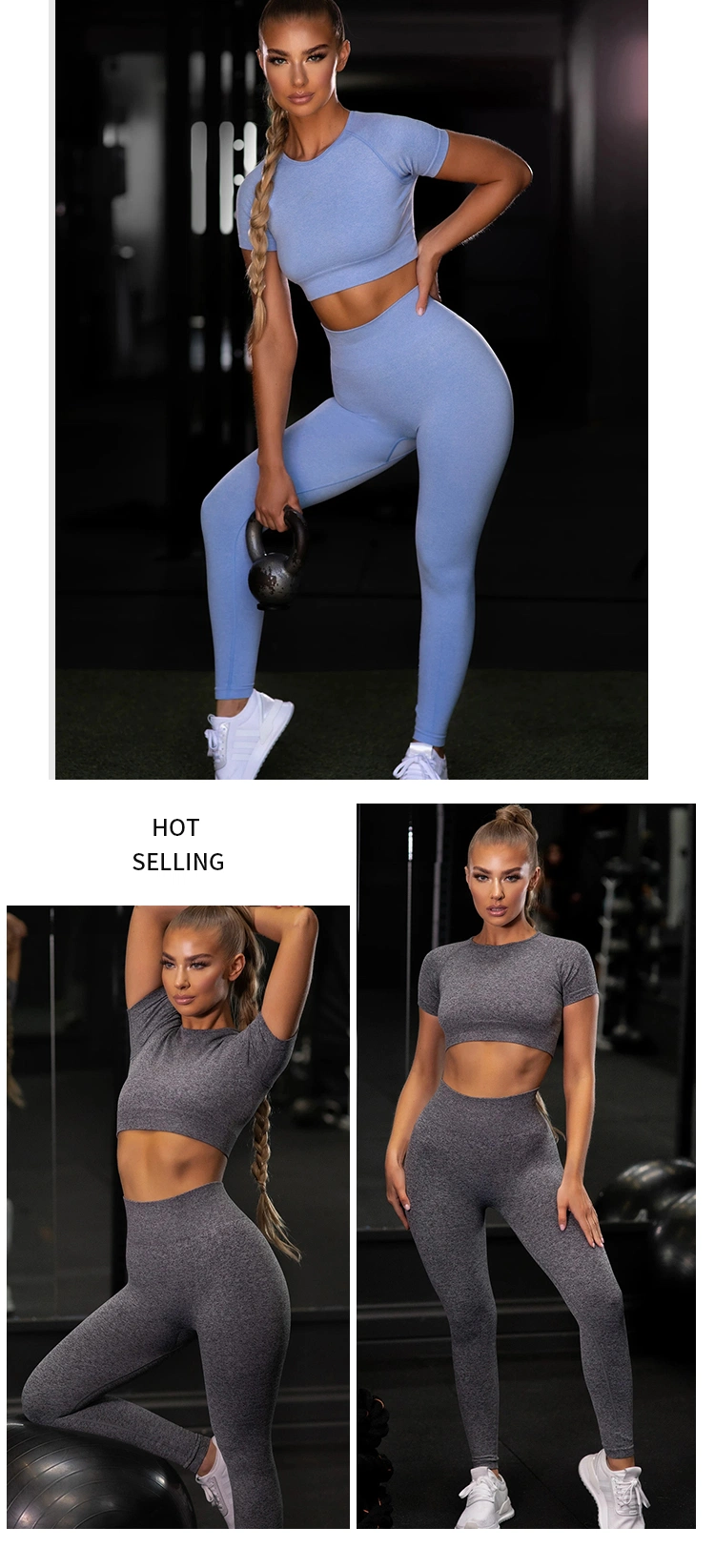 Yj036+Yj037 Women Seamless Yoga Sets Short T-Shirts Crop Top Leggings Track Suits Gym Yoga Sports Wear