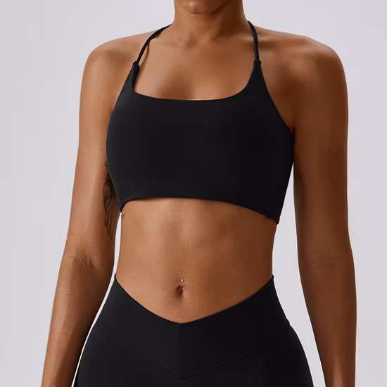 China Factory Summer New Women Nude Feeling Yoga Workout Racing Fitness Strappy Gym U Neck Cross Back Sports Bra